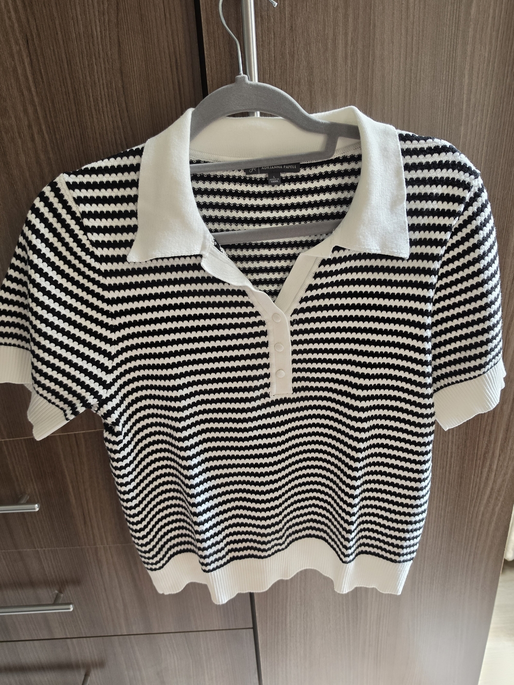 Polo Knit Black & White Striped Short-Sleeve Top